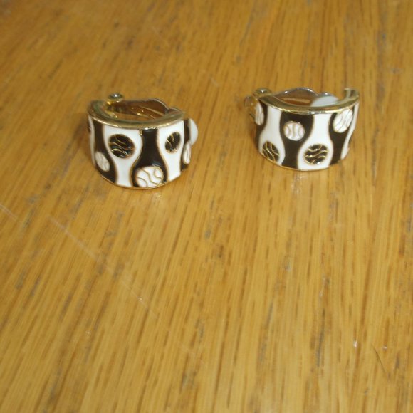 Jewelry Clip Earrings Gold Tone Black White Enamel Half Hoops Poshmark